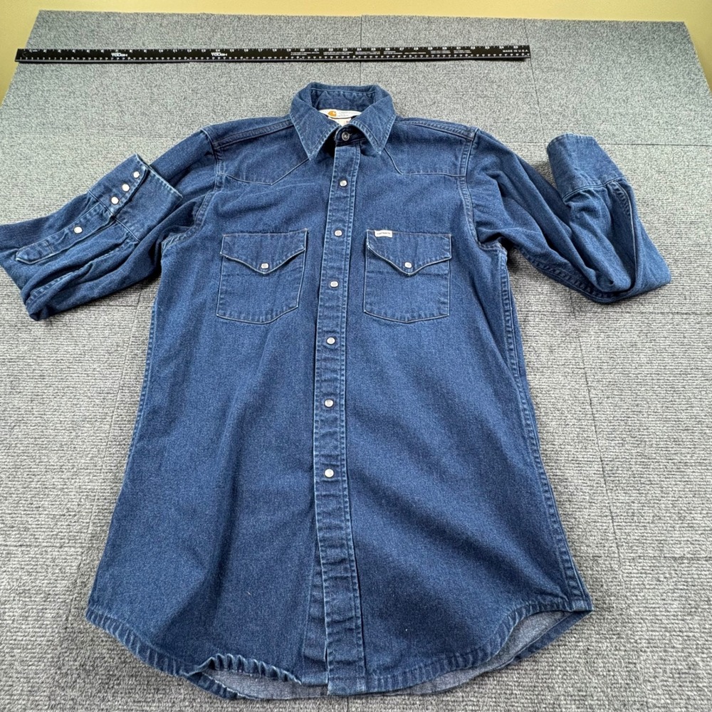 Vintage Carhartt Mens Blue Denim Western Pearl Snap Shirt Made in USA